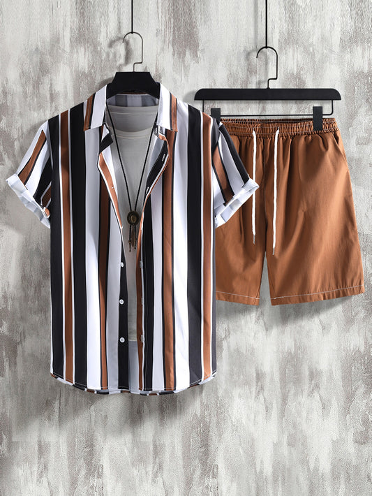 Manfinity Homme Men Striped Shirt & Drawstring Waist Shorts Without Tee