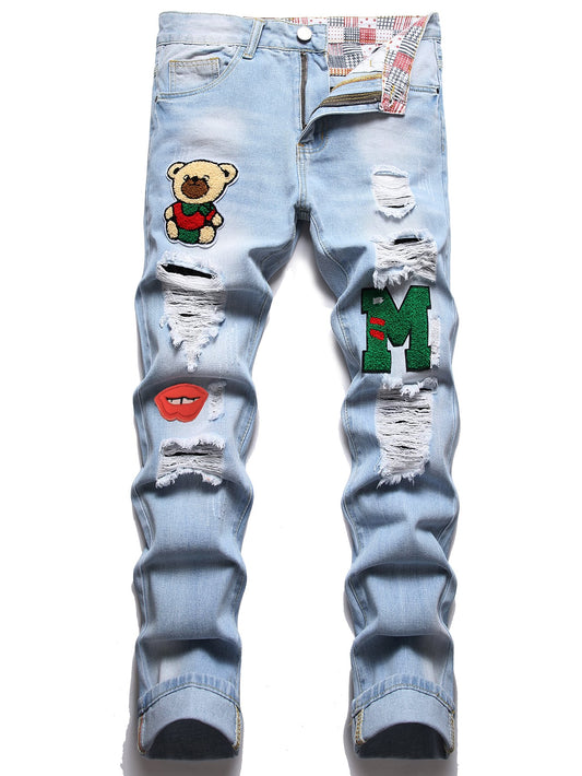 Cartoon & Letter Patched Ripped Straight Jeans