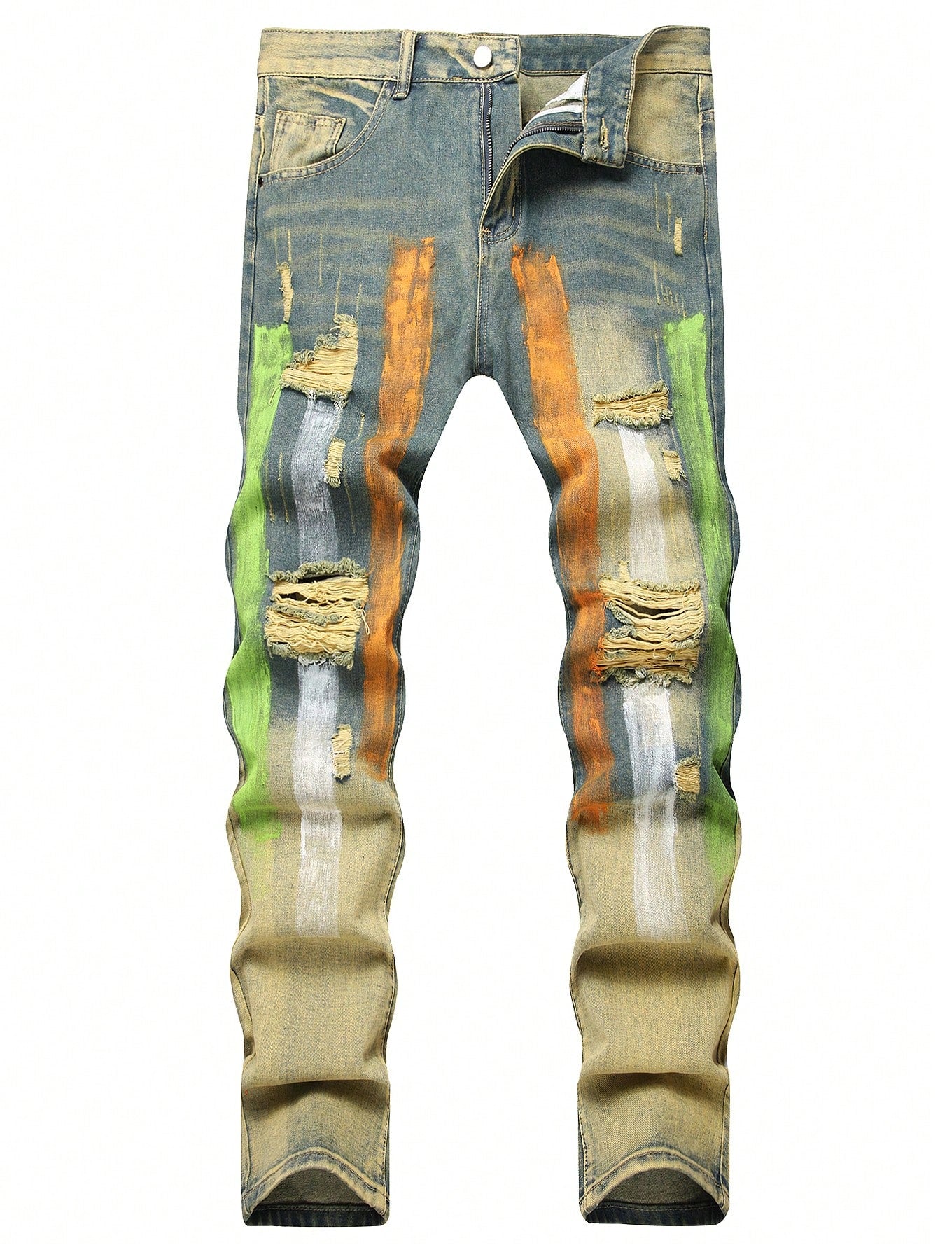 Fashion Distressed Straight Jeans, No-Stretch Washed Denim Pants For Men