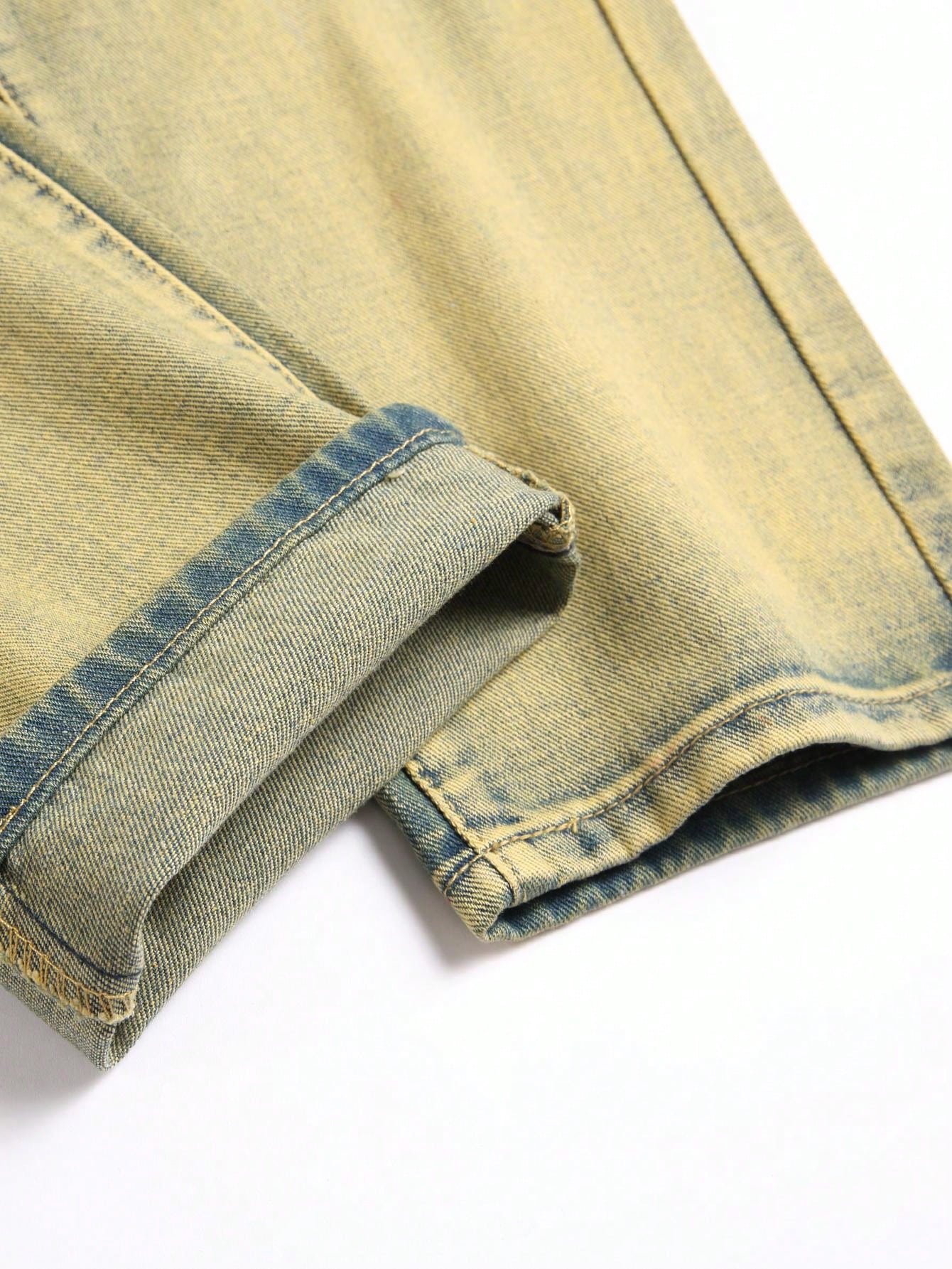 Fashion Distressed Straight Jeans, No-Stretch Washed Denim Pants For Men