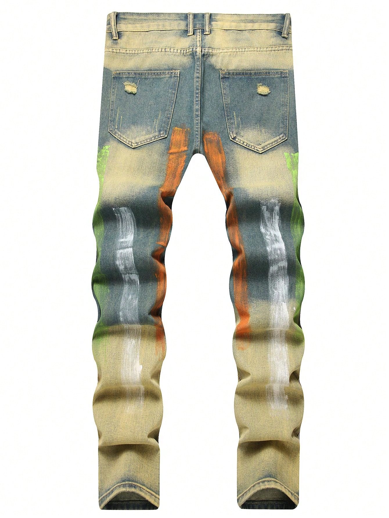 Fashion Distressed Straight Jeans, No-Stretch Washed Denim Pants For Men