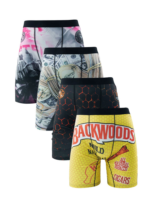 4pcs Men Printed Long Boxer Briefs