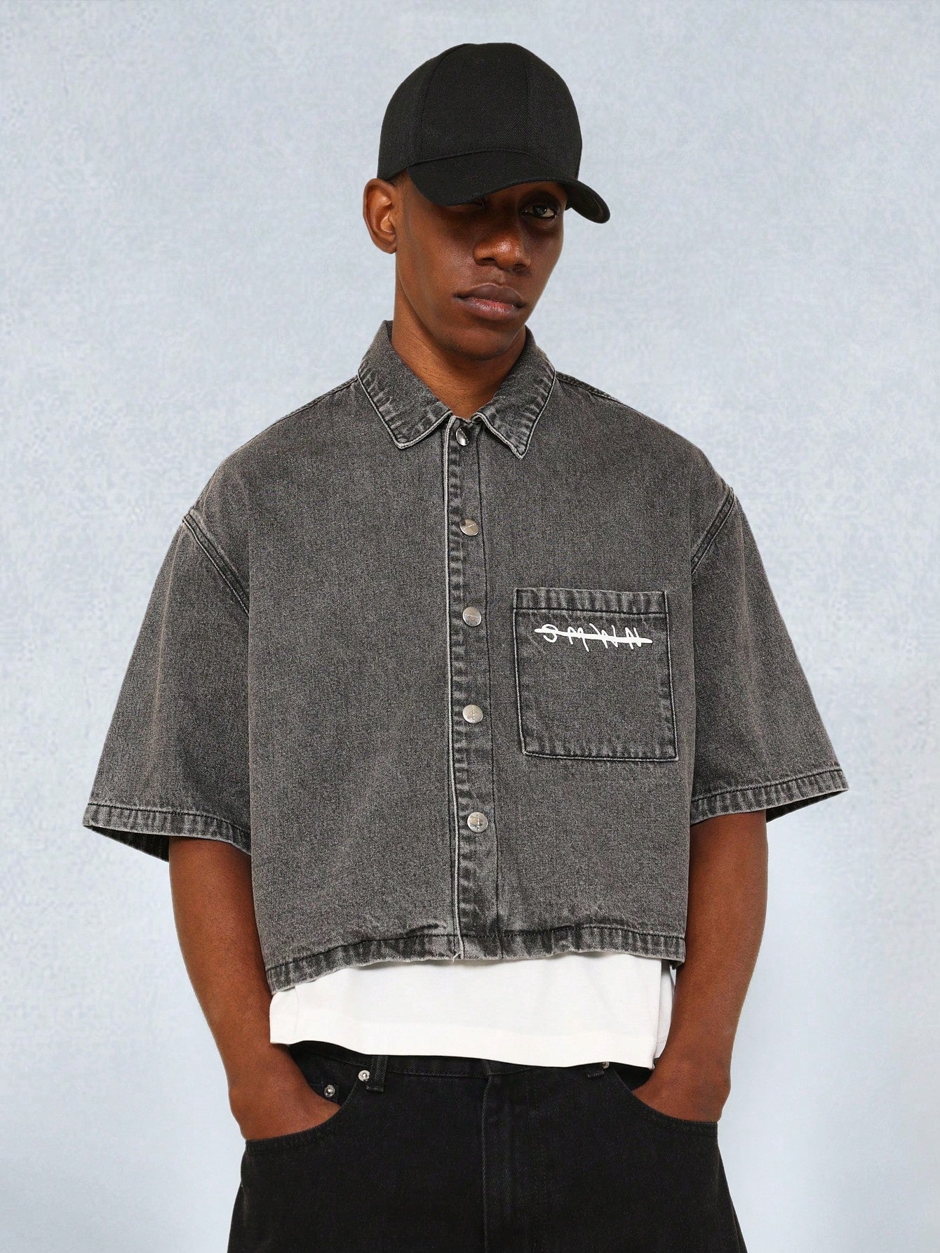 SUMWON Crop Fit Revere Washed Denim Shirt With Back Text Graphic Print