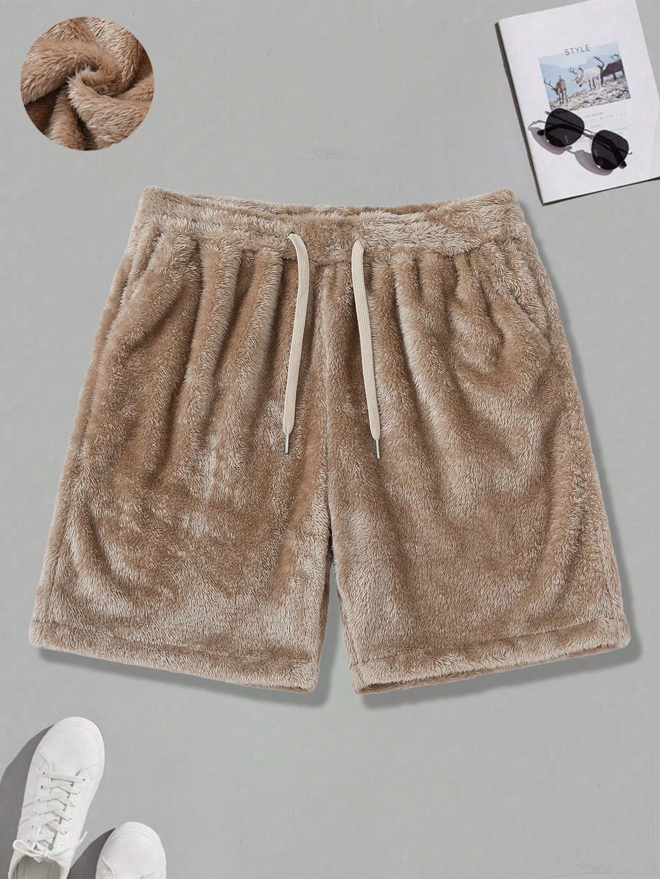 Fleece Lined Straight Leg Shorts For Men, Winter Casual Loose Warm Sports Shorts