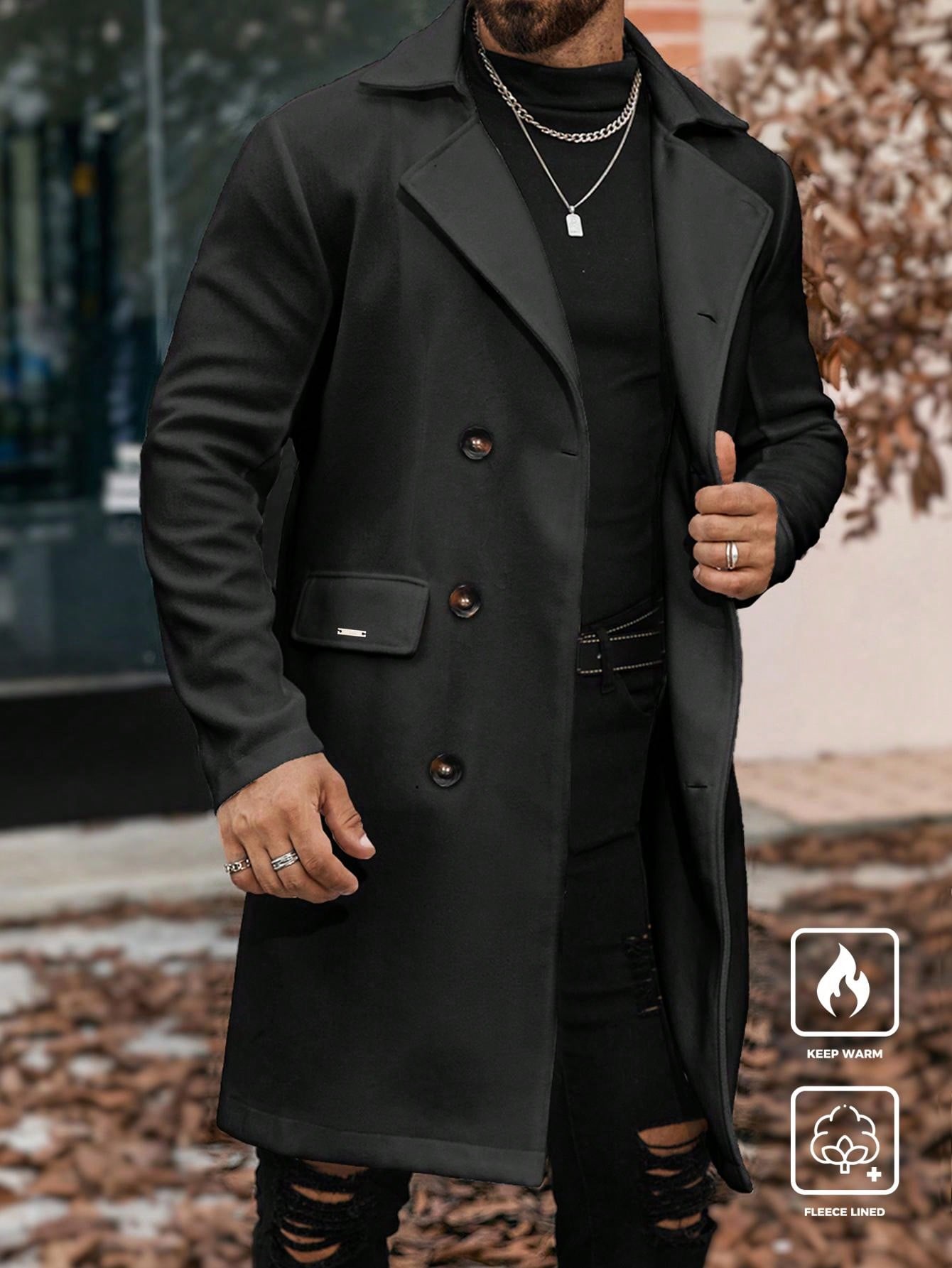 Men's Plain Color Minimalist Double-Breasted Mid-Length Overcoat