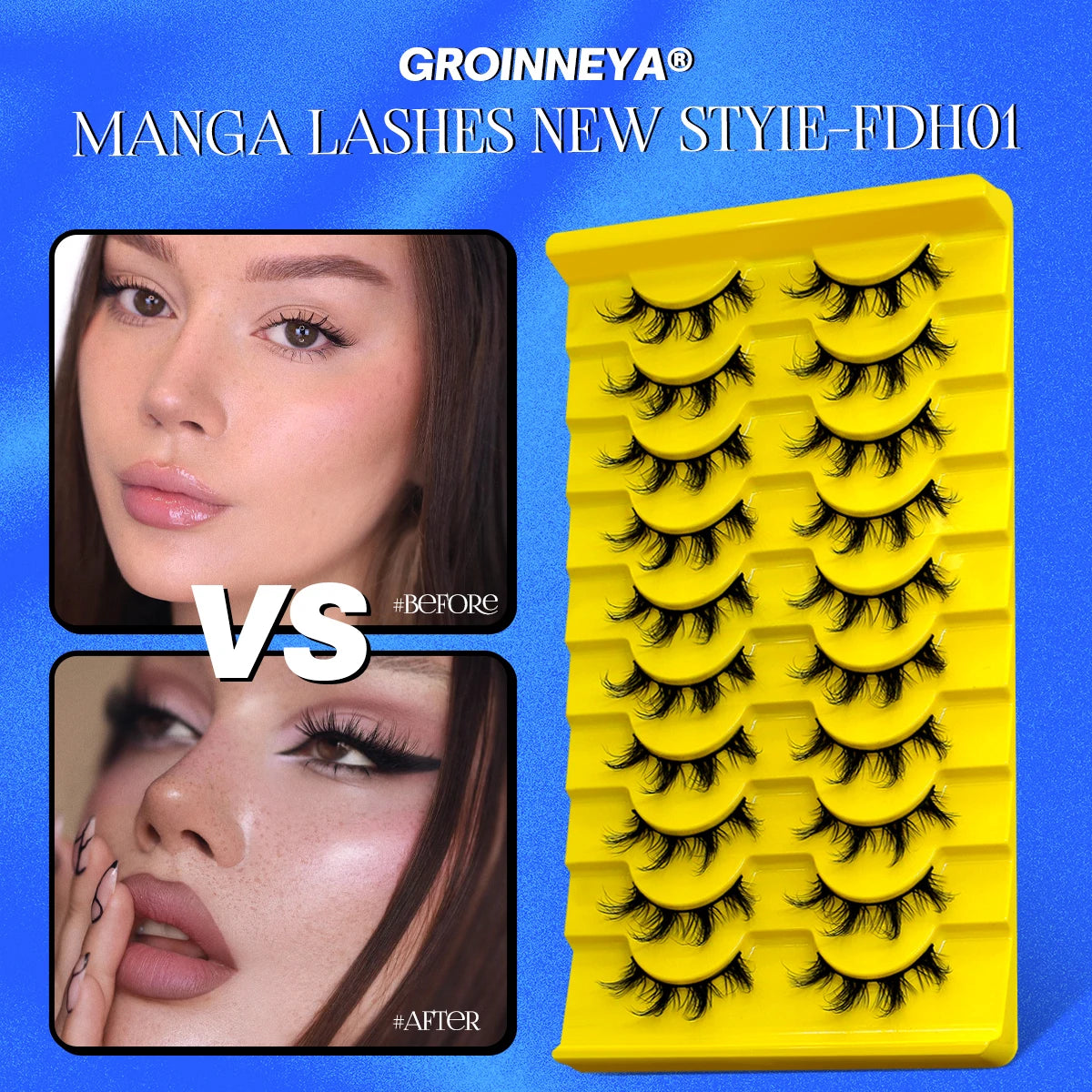 GROINNEYA Fluffy Lashes 5/10 pairs Manga Lashes 3D Natural False Lashes Fluffy Soft Cross Wispy Natural Eyelash Extension Makeup